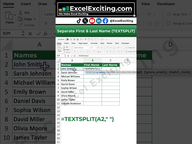 Excel Trick# 17 - Separate First & Last Name (TEXTSPLIT) #shorts  #excel #exceltips #exceltricks