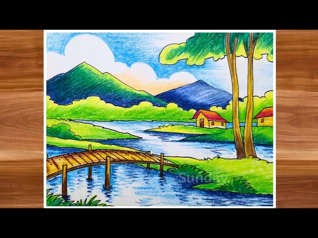 how to draw a beautiful village side scenery drawing - গ্রামের দৃশ্য সিনারি ড্রয়িং pastel drawing