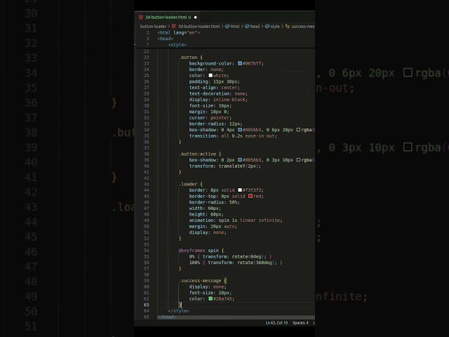 3D button, loading and Success Message Using HTML, CSS, and JS