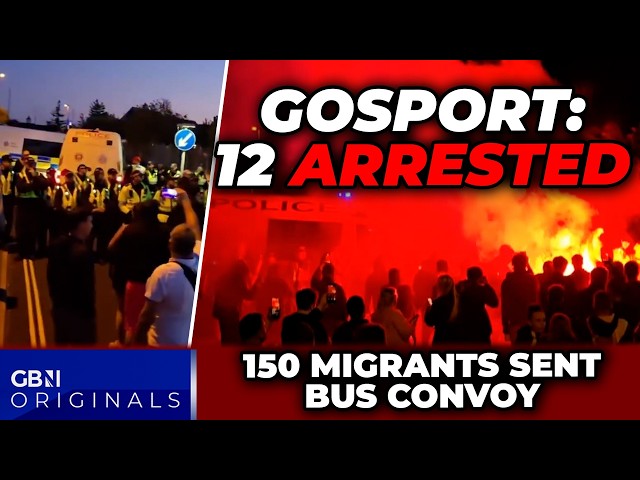 Gosport migrants: 12 arrested after Brits CLASH with police as bus convoy welcomes 150 boat migrants