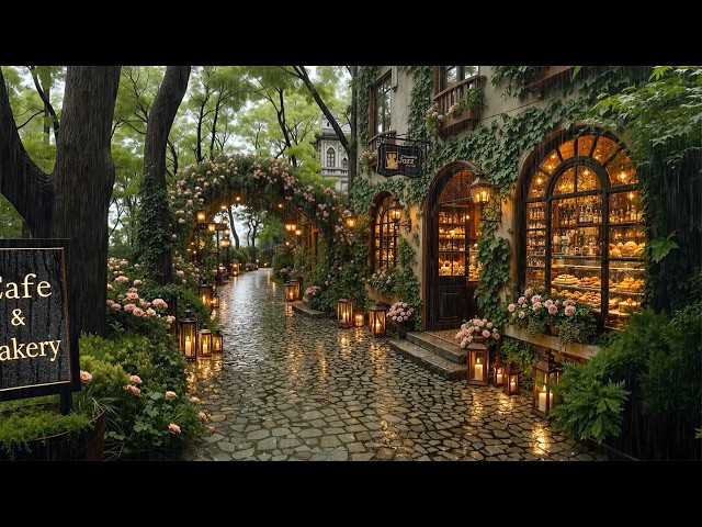 Secret Bakery Café in a Rainy Rose Garden 🌧️ Deep & Warm Jazz for Calm & Stress Relief | Rain Sounds