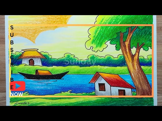 How to draw easy and beautiful riverside village scene drawing with boat/Village scene drawing easy