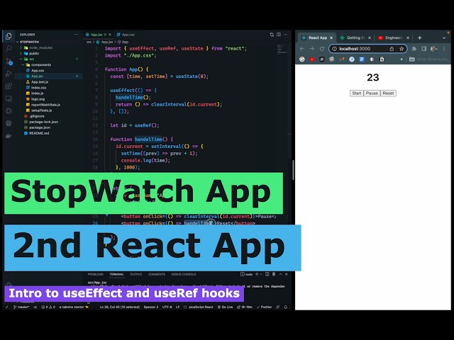 Build Stopwatch App in React || Intro to useEffect and useRef Hooks