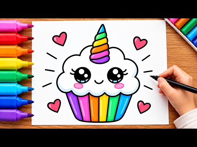 How to draw  a cute unicorn cake | a cute unicorn cup cake drawing easy step by step tutorial