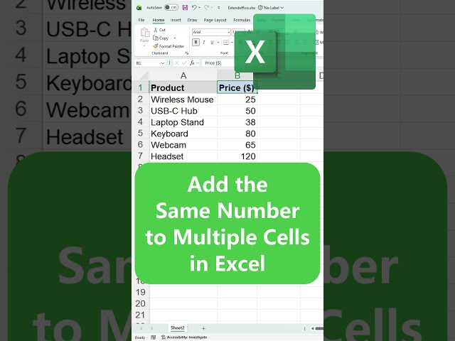 Add the same number to multiple cells in Excel