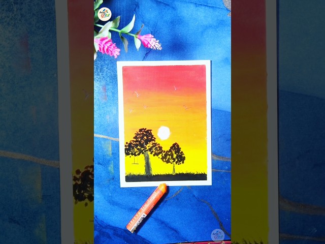 Easy Sunset Landscape Drawing with Oil Pastels | Beautiful Nature Scenery | Arts Glows#shorts