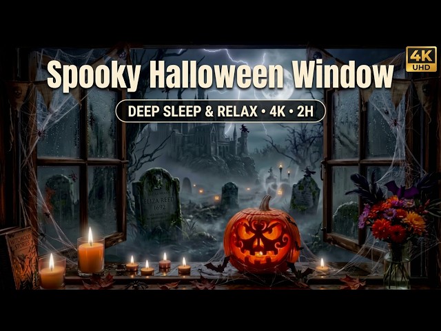 4K Spooky Halloween Window & Rain Sounds 🎃 🌧️Glowing Pumpkin & Lightning Ambient 2H