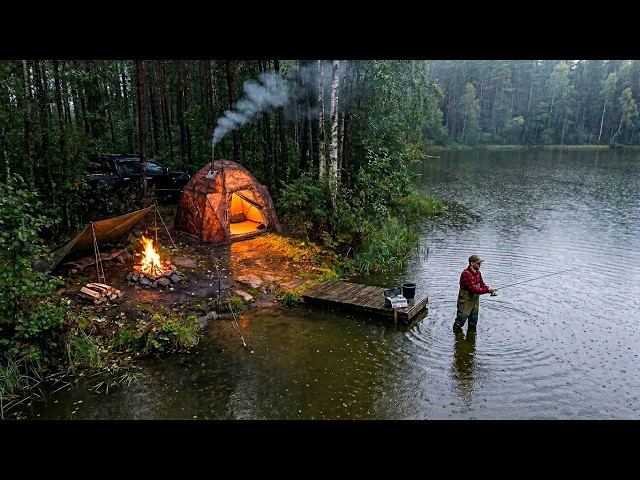 Camping and Fishing in HEAVY RAIN. Alone at a Remote Forest Lake