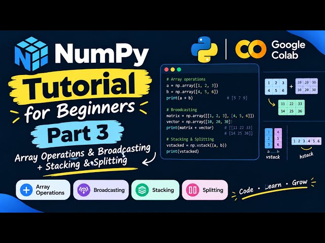 NumPy Tutorial for Beginners | Part 3 | Array Operations, Broadcasting, Stacking & Splitting
