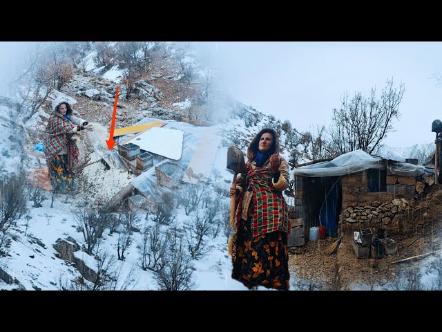 Resilience in winter blizzard: Nomad mother Nahid's effort to complete roof of hut in rain storm🥶