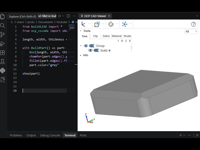 How to write Python Code for Chamfer and Fillet in Build123d