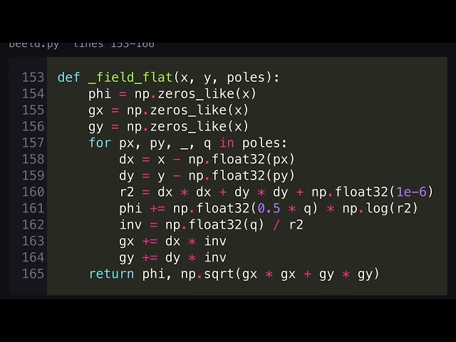 Veldlijnen, seed 12: iron filings over 9 poles, and the code behind the loop