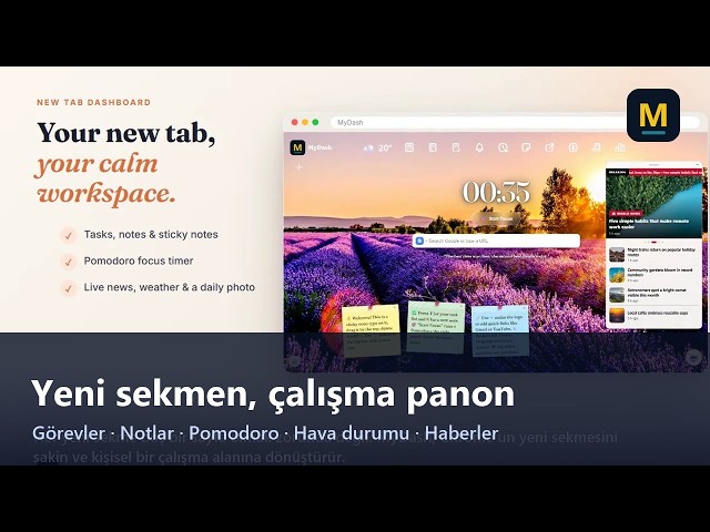 MyDash: Chrome Yeni Sekmeni Çalışma Panosuna Çevir — Görev, Not, Pomodoro (Ücretsiz)