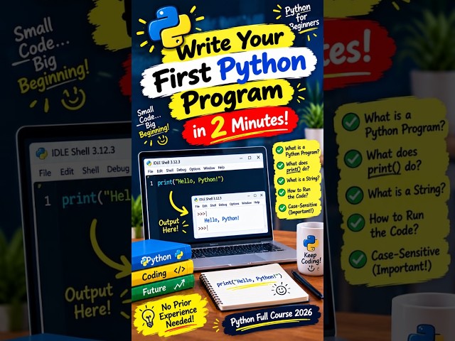 🐍 Write Your First Python Program in 2 Minutes! | Python for Beginners 2026 #shorts