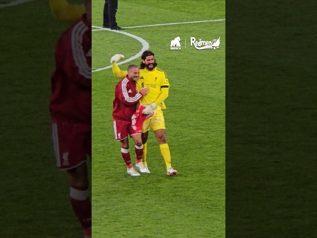 ❤️ Alisson celebrates with match winner Alexis Mac Allister in front of the Kop!