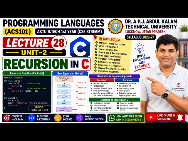 Recursion in C | Unit 2 | Lecture 28 | Programming Languages (ACS101) | AKTU
