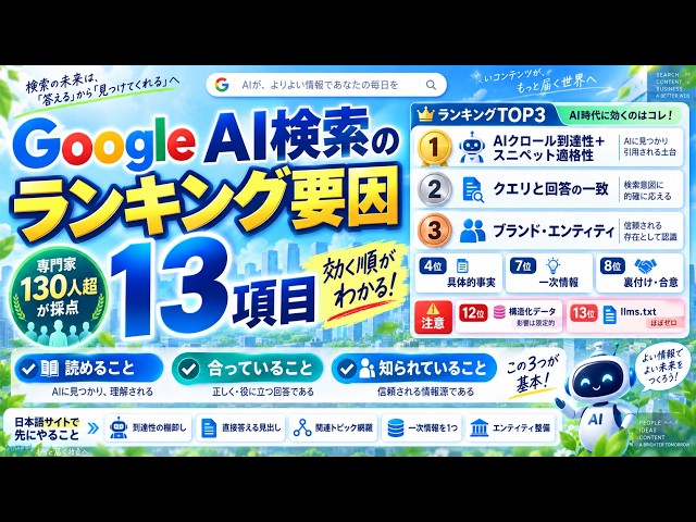 Google AI検索のランキング要因13項目 — 専門家130人超が採点した「効く順」と、日本語サイトで先にやるべきこと