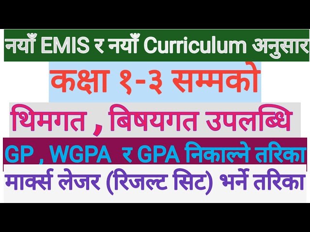 Letter Grading System/कक्षा १-३ को थिमगत , विषयगत उपलब्धी,GP,WGPA र GPA निकाल्ने तरिका/Marks ledger