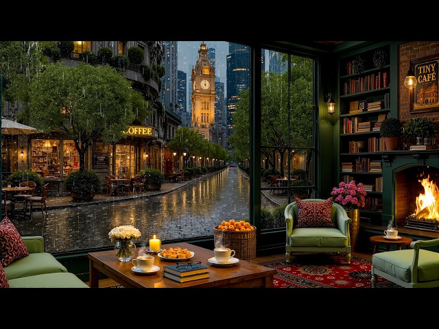 London Big Ben View Rain Café ☕Relaxing Slow Jazz Piano with Rain & Fireplace Sounds for Focus
