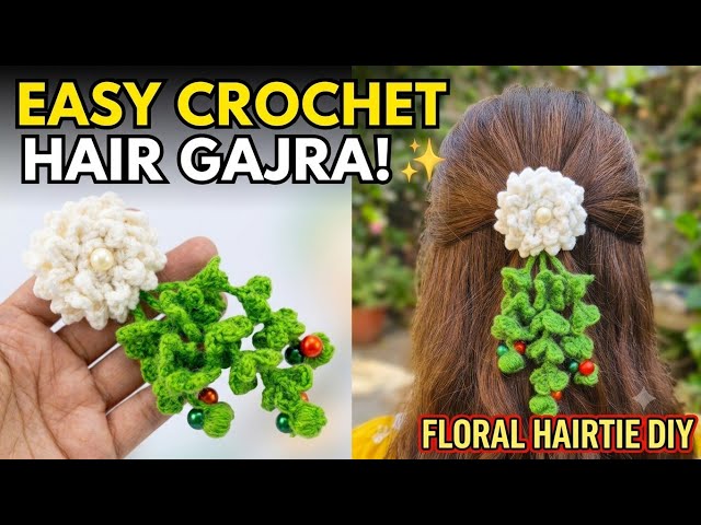 How to Crochet a Mogra Flower Hair Tie with Hanging Leaf Vines | Easy Crochet Gajra Hair Rubber Band