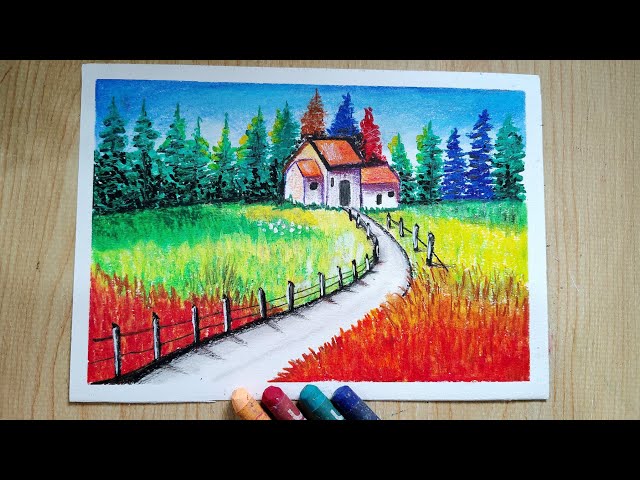 ✨🏞️Colourful village house scenery with oil pastel colour step by step