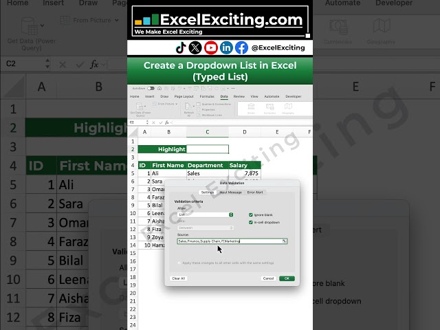 Excel Trick# 25 - Create a Dropdown List in Excel Typed List #shorts #excel #excelexciting