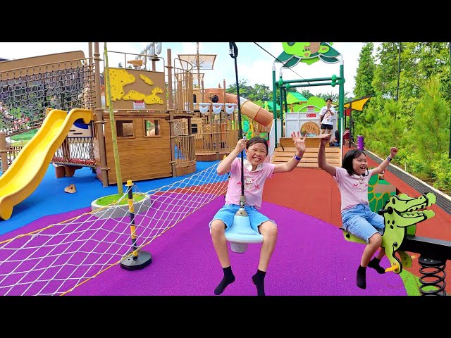 Play on the slide, flying fox, outbound, swings at the Indotofu Children's Playground