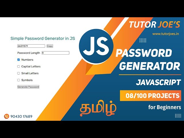 Password Generator Pure HTML CSS and JS | Tutor Joes  |  Tamil | Project - 8 /100