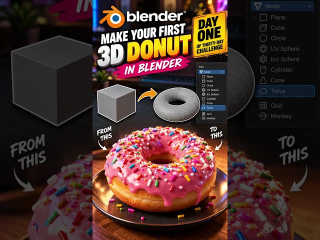 Blender Donut Tutorial for Beginners | Make a 3D Donut in 40 Seconds | Day One #blender3d