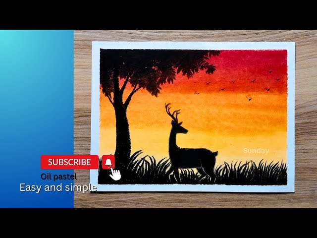 Sunset drawing/Sunset scenery drawing with deer/sunset silhouette drawing /nature scenery drawing