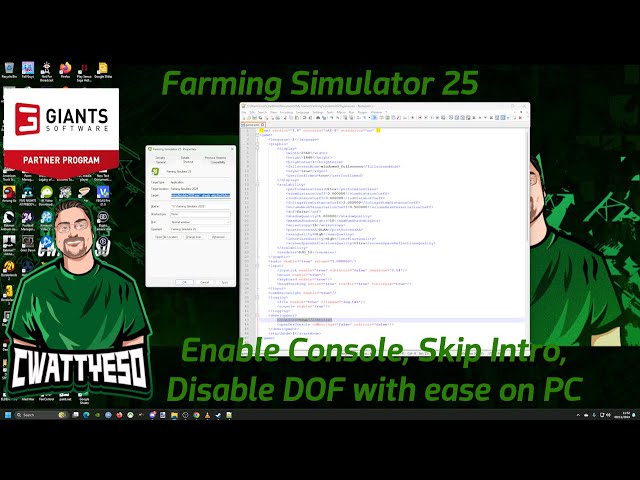 HOW TO ENABLE DEV CONSOLE, DISABLE INTRO VIDEOS, DISABLE DEPTH OF FIELD DOF IN FARMING SIMULATOR 25