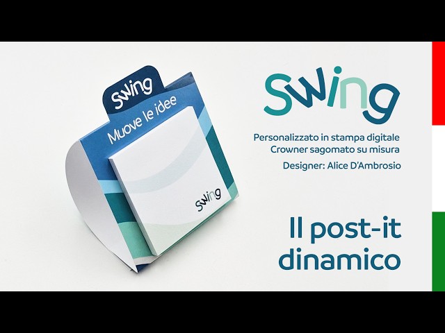 Swing post-it dinamico con crowner sagomato. Produzione diretta Proramillenote - Made in Italy