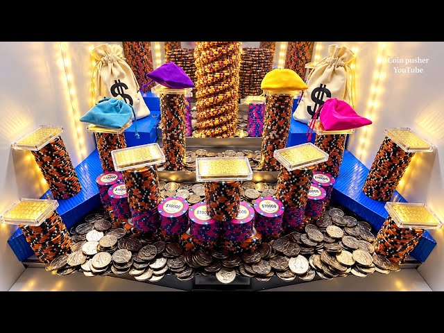 Trying our luck with 10 quarters on the high limit coin pusher