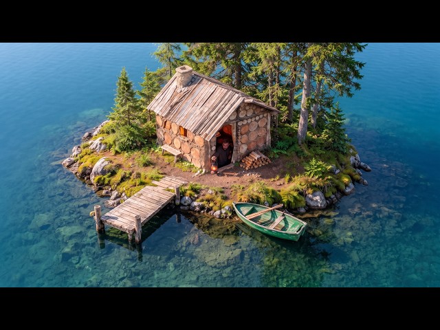 Building a Cozy Log Cabin with a Huge Clay Fireplace on an Island in the Middle of a Lake. Bushcraft