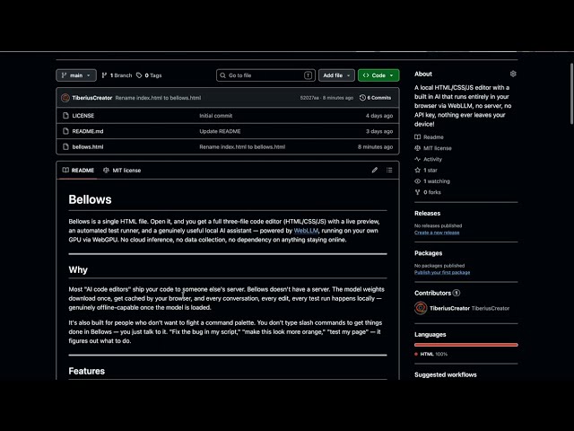 Bellows, a HTML/CSS/JS editor with built in AI in a single file completely FREE!