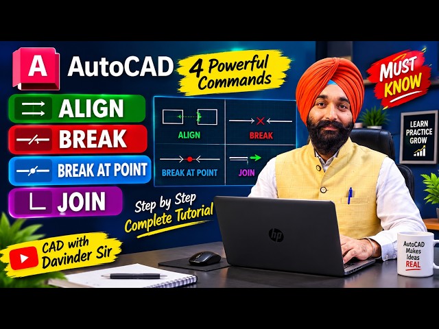 AutoCAD ALIGN, BREAK, BREAK AT POINT & JOIN 🔥 | 4 Powerful Commands | Complete Tutorial #autocad 