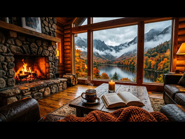 Relaxing Jazz by the Fireplace 🔥☕ Rainy Autumn Cabin & Mountain Lake | Cozy Jazz Ambience