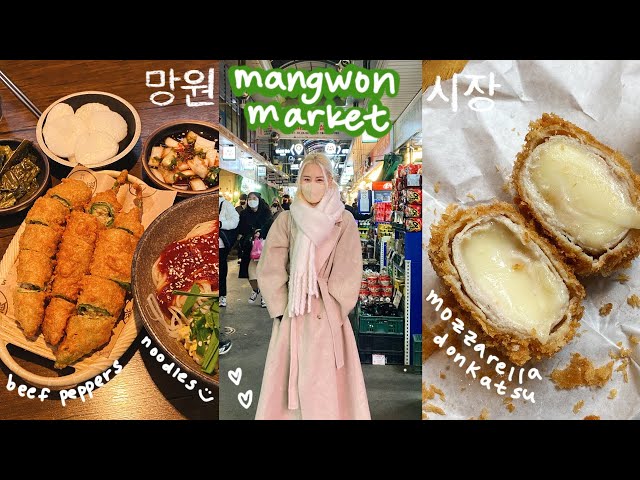 mangwon market korean street food 🇰🇷 donkatsu, ice cream marshmallow, chicken gangjeong, beef pepper