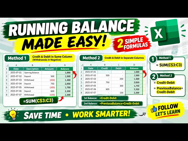 2 Easy Ways to Create a Running Balance in Excel #exceltutorial