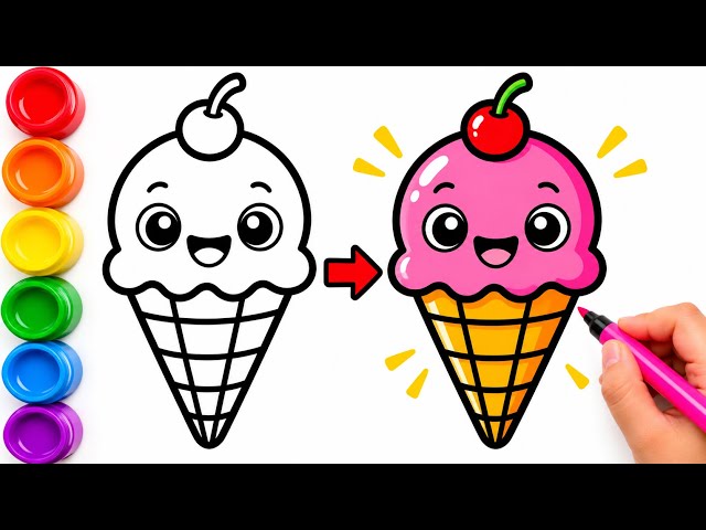 How to Draw a Cute Ice Cream Cone 🍦 Easy Drawing & Coloring for Kids | Step by Step Art
