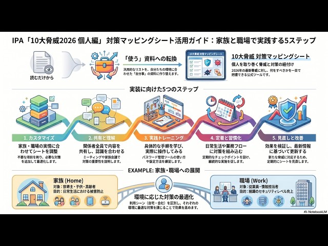 IPA「10大脅威2026 個人編」対策マッピングシート完全活用ガイド—家族と職場で「使う資料」にする実装5ステップ対策マッピングシート完全活用ガイド