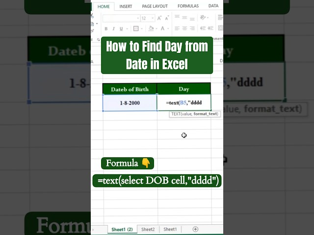 How to Find Day from Date in Excel |Date of Birth Se Day Kaise Nikal in Excel #Excel Formula #Shorts