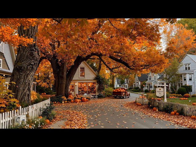 Pumpkin Harvest in a Peaceful Autumn Small Village🎃 Warm & Gentle Jazz, Falling Leaves for Slow Days