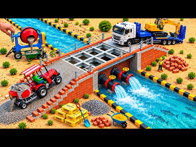 DIY Mini Tractor Builds Brick Bridge with Metal Railings Over Water | Construction Science Project