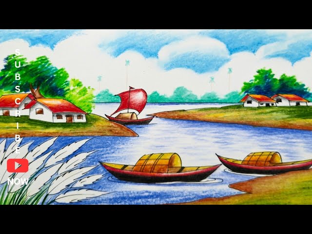 Riverside autumn village scene drawing/শরৎকালের দৃশ্য ড্রয়িং/Autumn scenery drawing/দৃশ্য আঁকা