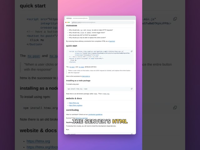 bigskysoftware/htmx — htmx turns HTML attributes into AJAX so the server's HTML swaps strai… #Shorts