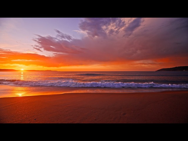 Crimson Sunset on a Remote Beach with Crashing Ocean Waves | Relaxing ASMR for Deep Sleep | 3H in 4K
