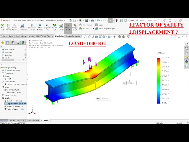 Find Factor of Safety and Displacement of I Beam in SolidWorks Simulation