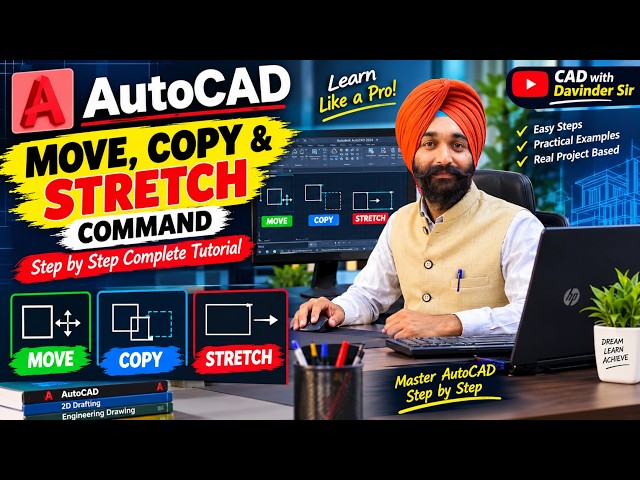 AutoCAD MOVE, COPY & STRETCH Command | Complete Tutorial for Beginners | Step by Step in Hindi