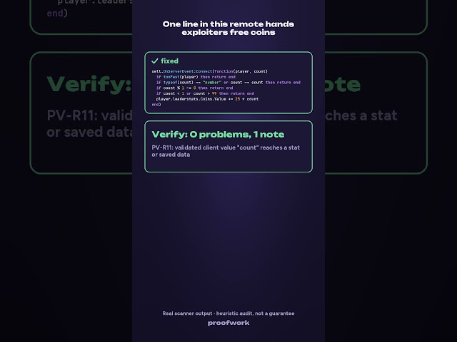 One line in this remote hands exploiters free coins (Roblox remote audit) #shorts